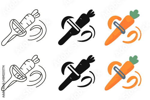 Artistic Carrot Peeler Display. Peeler with carrot and curling strips mid-air forming motion arcs, first in line style with thin