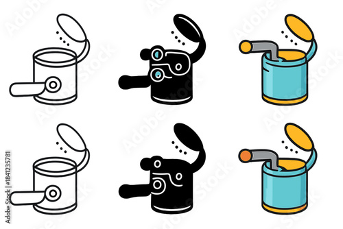 Tin Opener Styles. Manual tin opener with turning handle and animated lid motion, first in line style with thin outline, second in