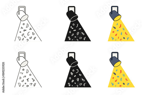 Spotlight Raining Confetti. Stage spotlight shining on raining confetti pieces first in line style with thin outline, second in