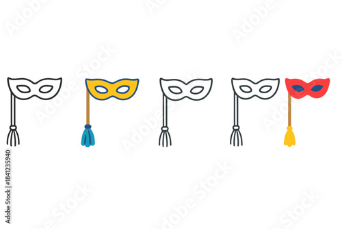 Masquerade Mask Styles. Mask on stick with tassel used at masquerade ball first in line style with thin outline, second in solid