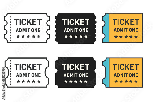 Colorful Event Ticket Stubs. Event ticket stub with perforated edge first in line style with thin outline, second in solid style