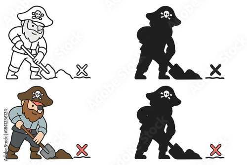 Pirate Shovel Variations. Pirate shovel digging near marked X location first in line style with thin outline, second in solid