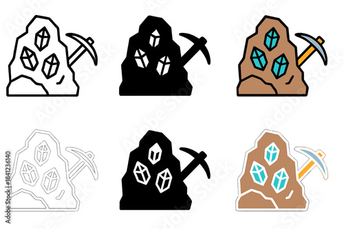 Crystalline Rock Variations. Rock wall with embedded crystals and pickaxe nearby first in line style with thin outline, second in