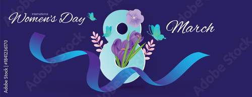 8 March Women’s Day banner template design with floral ribbon illustration, horizontal vector background, website header, editable social media cover for marketing promotion and celebration events ad