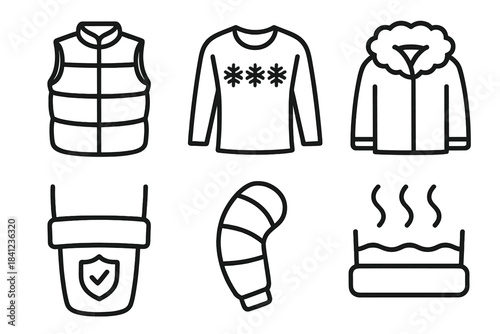 Warm Garment Icons. Line style vector icons of warm protective garments: insulated torso wrap, thermal chest barrier, cozy collar