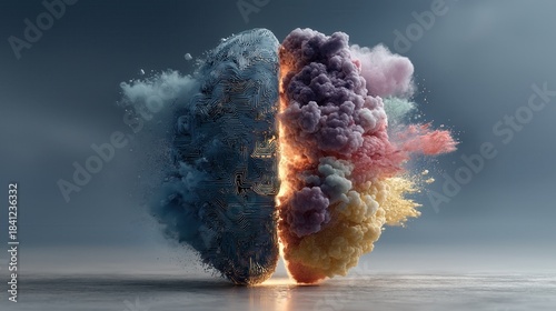 Conceptual human brain split in half: digital circuit board vs colorful powder paint explosion. 3D illustration of left and right hemisphere, logic vs creativity, AI technology and imagination