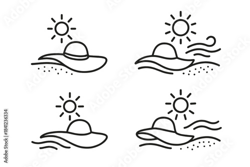 Sunny Beach Hat Icons. Line style vector icons of sunny shore hats: extended brim form, smooth crown rise, shoreline flow line,