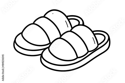 Cozy Slipper Icons. Line style vector icons of homely warm slip-ons: comfy slipper shape, thick inner padding, insulating soft