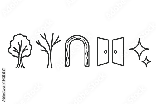 Celestial Night Passage. Line style vector icons of wooded passage nightstar: textured tree outline, rising branch spread, narrow