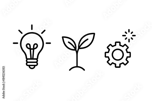Eco-Innovation Icons. Line style vector icons of lightbulb plant cog: glowing lightbulb shape, filament curve, leafy plant sprout,