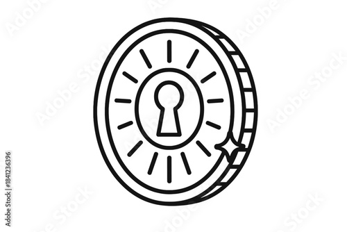 Keyhole Sun Coin Icons. Line style vector icons of keyhole sun coin: oval keyhole shape, narrow key slot, radiant sun ring, sunray