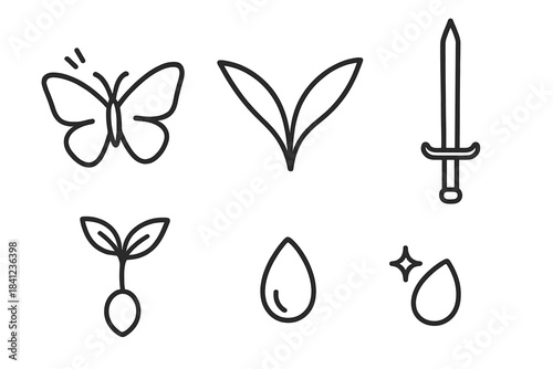 Butterfly Sword Seed Icons. Line style vector icons of butterfly sword seed: fluttering butterfly outline, wing arc pattern,