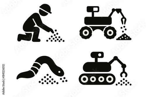 Particulate Sorting Icons. Icons for: an earth-bound worker sorting small particulates, a ground rover organizing fine matter, a