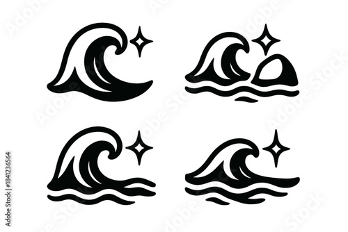 Tide and Shine. Icons for: a tide crest touching a gleaming edge, a water rise brushing a shining stone, a rolling swell meeting a