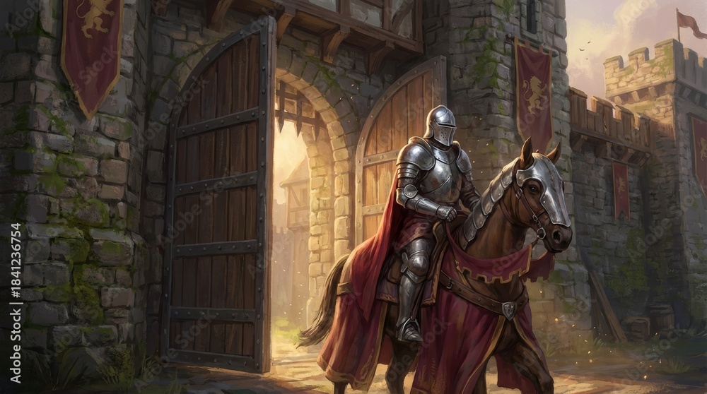 Fototapeta premium Castle Gate Open with Knight on Horse Entering