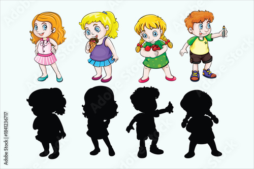 Cartoon kids vector. Children silhouettes collection. Matching game illustration. Happy playful youngsters.