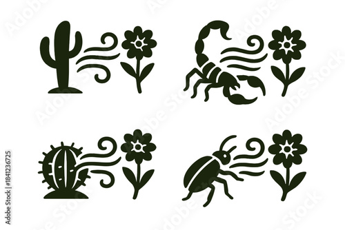 Desert Breeze Icons. Icons for: a desert breeze brushing claws and petals, hot air weaving between stinger and bloom, warm wind