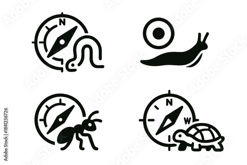 Navigational Symbols and Creatures. Icons for: a compass ring near a bending form, a guiding circle beside a curved body, a