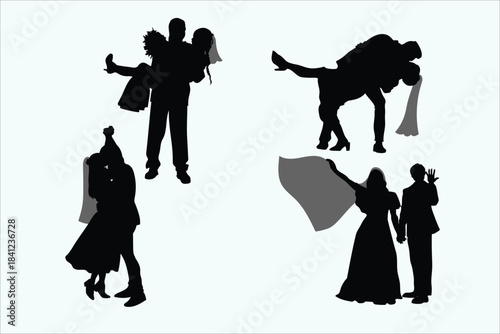Wedding couple silhouettes vector. Romantic poses illustration. Marriage ceremony moments. Bride and groom graphics.