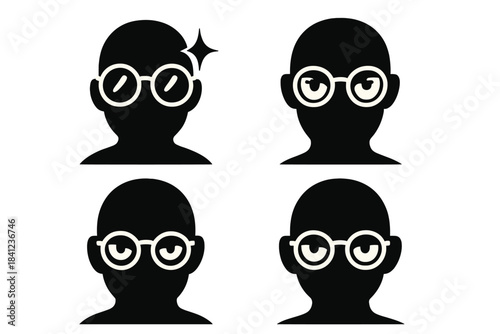 Keen-Eyed Spectacles. Icons for: spectacles glinting before a round gaze, clear lenses framing a keen-eyed silhouette, a bright