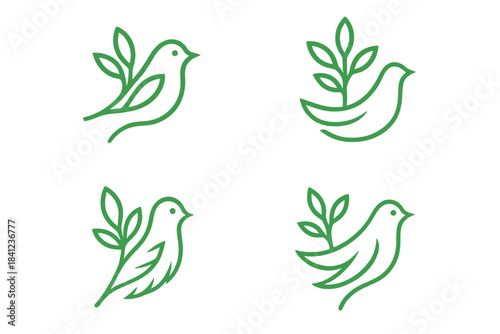 Nature's Serenity Icons. Icons for: a branch’s tip echoing a dove’s purity, a green sprig mirroring a peaceful outline, a soft