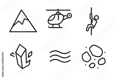 Mountain Evacuation Icons. Line vector icons of Mountain Evac Hover: steep slope, hovering copter, evac line, ice chip, wind bead,