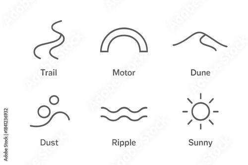 Desert Trail Icons. Line vector icons of Desert Trail Motor: trail line, motor arc, soft dune, dust flick, ripple curl, sunny dot.