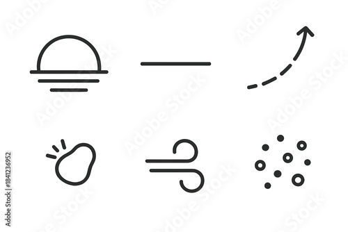 Horizon Freight Icons. Line vector icons of Horizon Freight Route: freight arc, horizon line, travel path, dust fleck, air swirl,