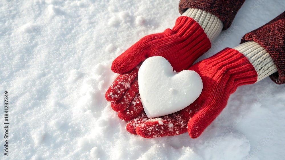 Fototapeta premium Hands in red mittens holding a heart shaped snowball in winter snow