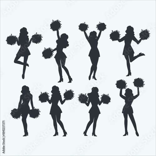 Energetic silhouettes of cheerleaders. happy girls with pom poms. sport team icons bundle