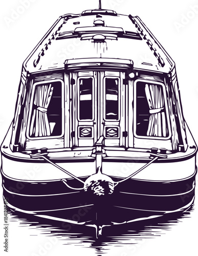 Front View of a Canal Boat or Narrowboat with Curtains and Mooring Ropes watercraft vessel
