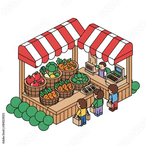 People shopping at a vibrant outdoor farmers market stall filled with fresh produce.