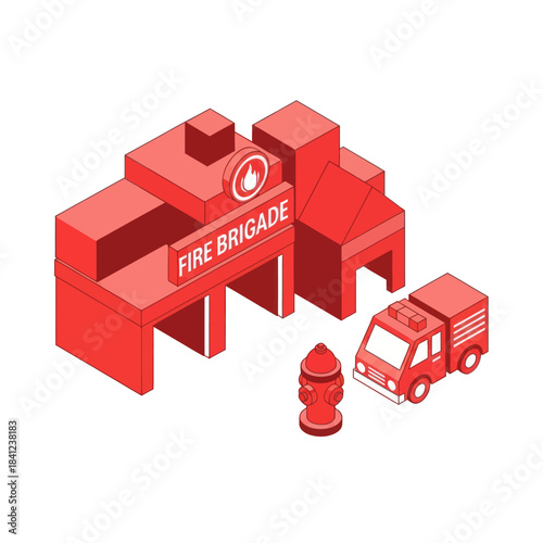Isometric Fire Brigade Station with Fire Truck and Hydrant.