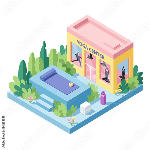Isometric Yoga Center with Outdoor Pool and Lush Greenery.