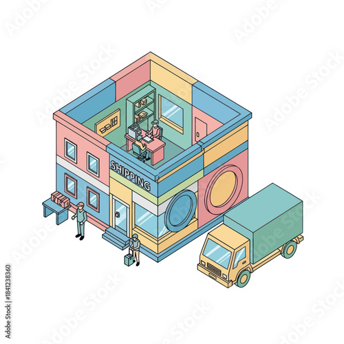 Isometric view of a colorful shipping store with a delivery truck outside.