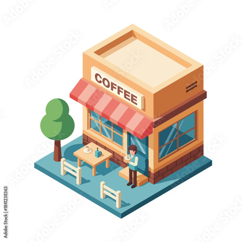 Isometric coffee shop exterior with a customer standing outside.
