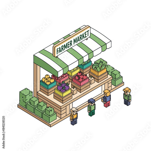 Isometric Farmer Market Stall with Fresh Produce and Shoppers.