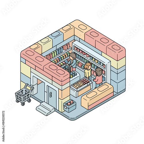 Isometric illustration of a colorful toy brick supermarket with customers and products.