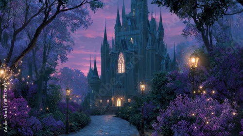 Gothic Castle Surrounded By Violet Flowers and Trees at Dusk With Dark Blue Sky and Cobblestone Path Leading to Building With Lanterns Casting Warm Glow in Night Scene