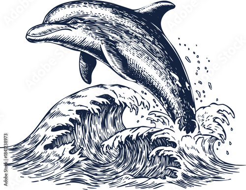 Hand Drawn Sketch of a Dolphin Leaping Out of a Crashing Wave in Dark Blue Ink jumping ocean
