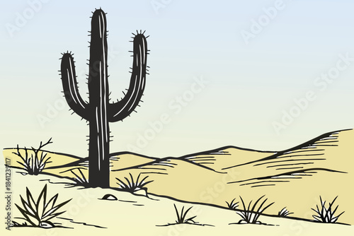 Saguaro cactus in Arizona desert landscape with blue sky and clouds