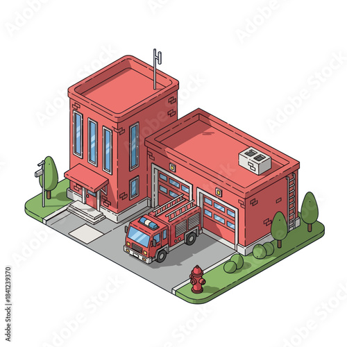 Isometric Fire Station Building with Fire Truck and Hydrant.