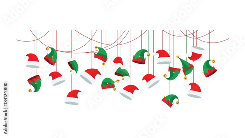 Festive Caps Hanging: A whimsical arrangement of various Santa and elf hats, suspended from delicate strings, captures the essence of Christmas with joy and festive spirit.
