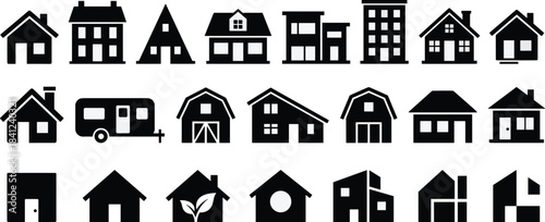 Collection of black house icons featuring various home styles, cabins, barns, apartments, and modern buildings for real estate, construction, and architecture design.