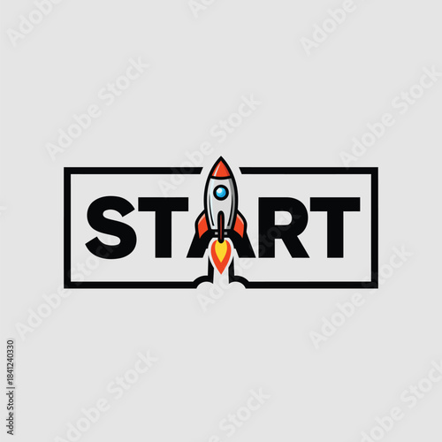 Launching rocket breaking through the word start symbolizing powerful project initiation and future success