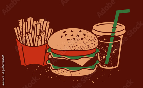 Burger set illustration, vintage vibe
