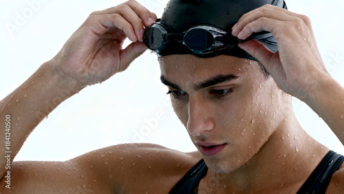 A close-up photograph of a swimmer adjusting their goggles, set against a pristine white background