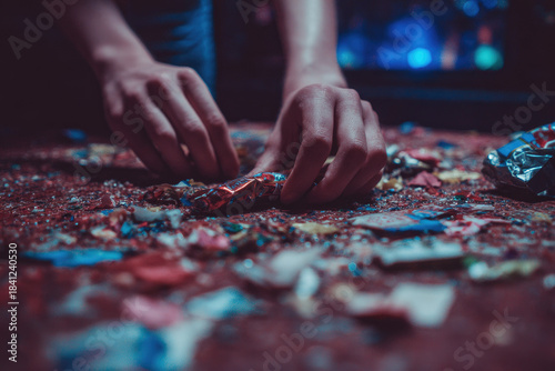 Messy party table covered with colorful candy wrappers and confetti while hands clean up after celebration in dimly lit room creating lively and chaotic atmosphere