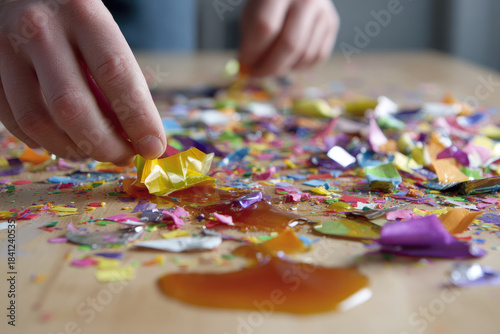 Messy party table with confetti and colorful paper pieces scattered as hands clean up sticky liquid creating chaotic yet lively atmosphere