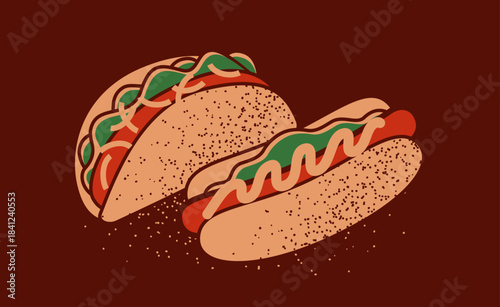 Illustrations of tacos and hot dogs, vintage vibe